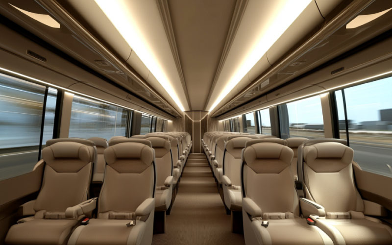 Interior view of a luxury coach with plush seating and advanced amenities in Adelaide