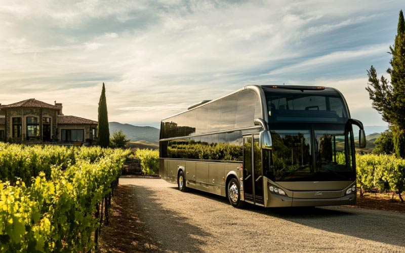 Luxury coach parked at a vineyard in Adelaide, perfect for wine tours