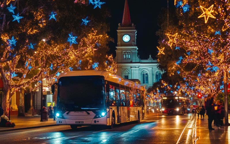 Holiday tour bus exploring Christmas lights in Adelaide" Adelaide Christmas, November 2024, Australia