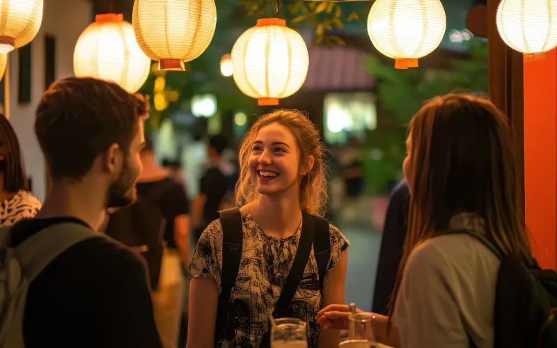 Visitors enjoying Asian street food under lanterns at the Lucky Dumpling Market in Elder Park near the River Torrens