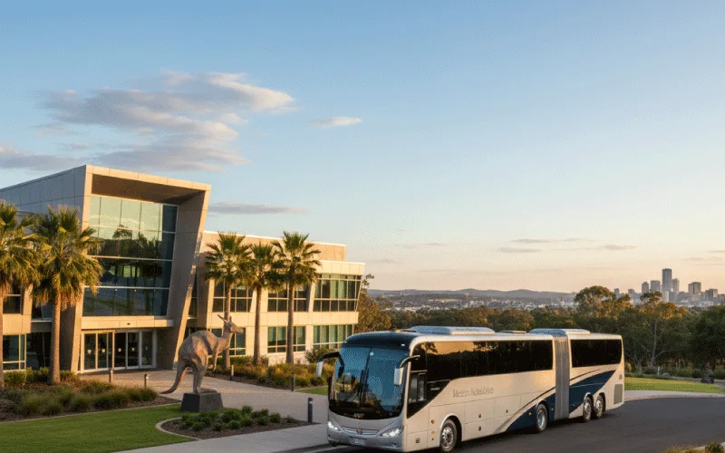 Modern Adelaide Coach vehicle parked outside a corporate venue during offsite travel